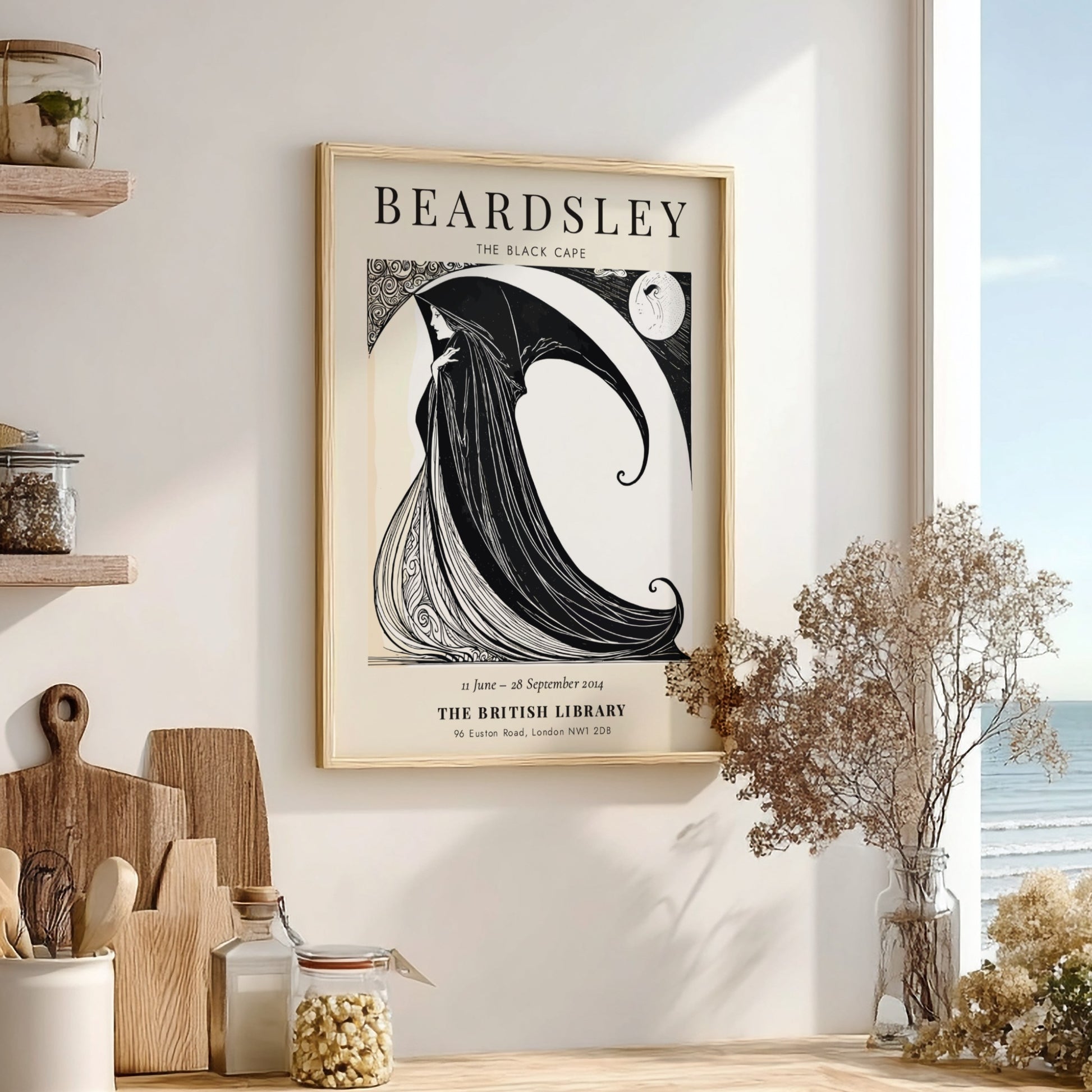 Aubrey Beardsley poster featuring The Black Cape in black and white, showcasing elegant line art and dramatic