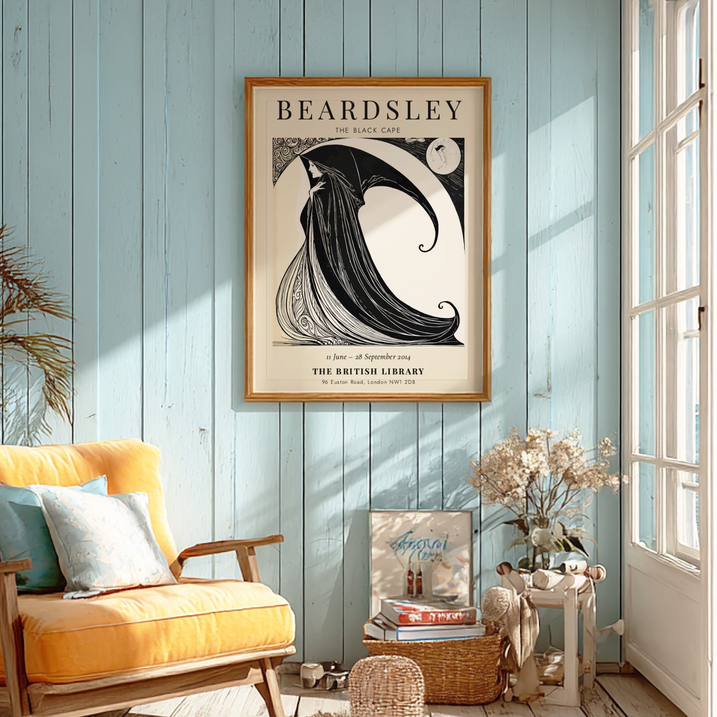 Aubrey Beardsley poster featuring The Black Cape in black and white, showcasing elegant line art and dramatic