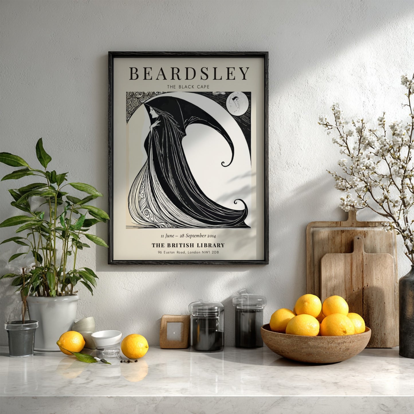 Aubrey Beardsley poster featuring The Black Cape in black and white, showcasing elegant line art and dramatic