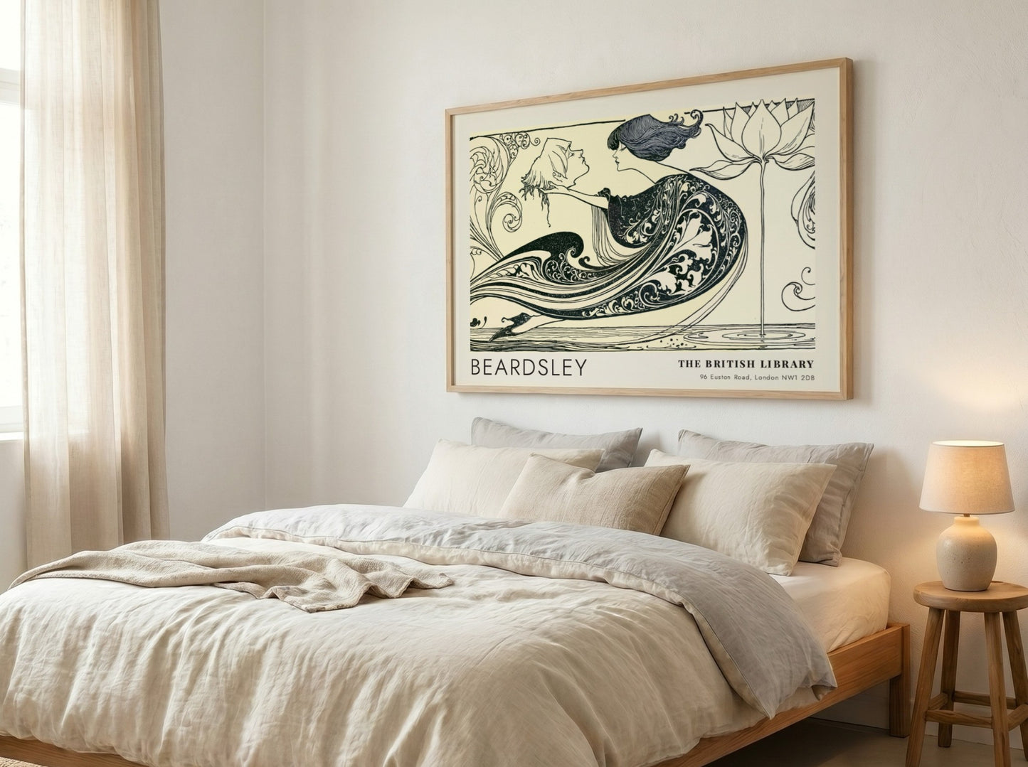 Wall art poster featuring Aubrey Beardsley The Black Cape ink drawing with lotus flower.