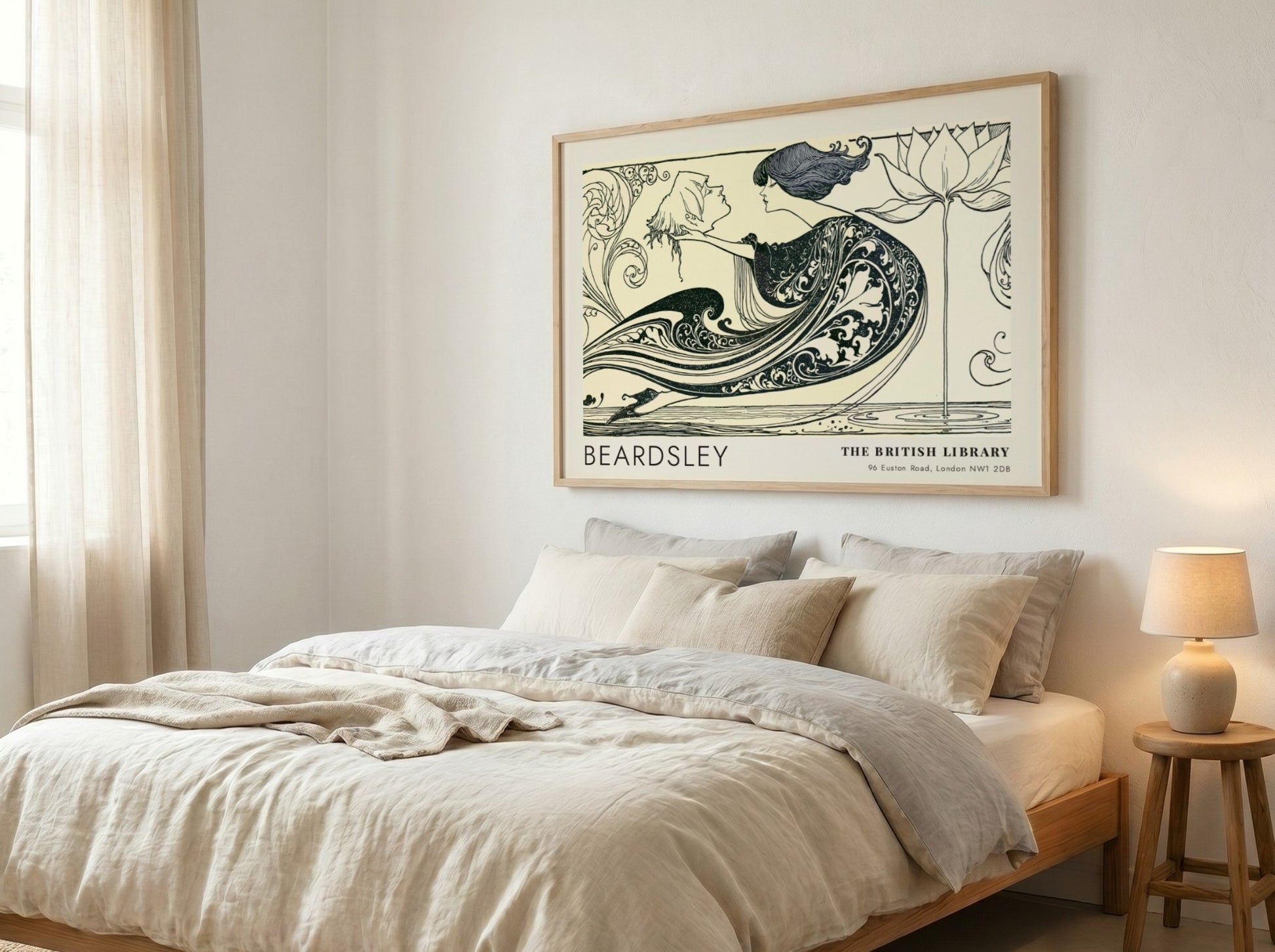 Wall art poster featuring Aubrey Beardsley The Black Cape ink drawing with lotus flower.