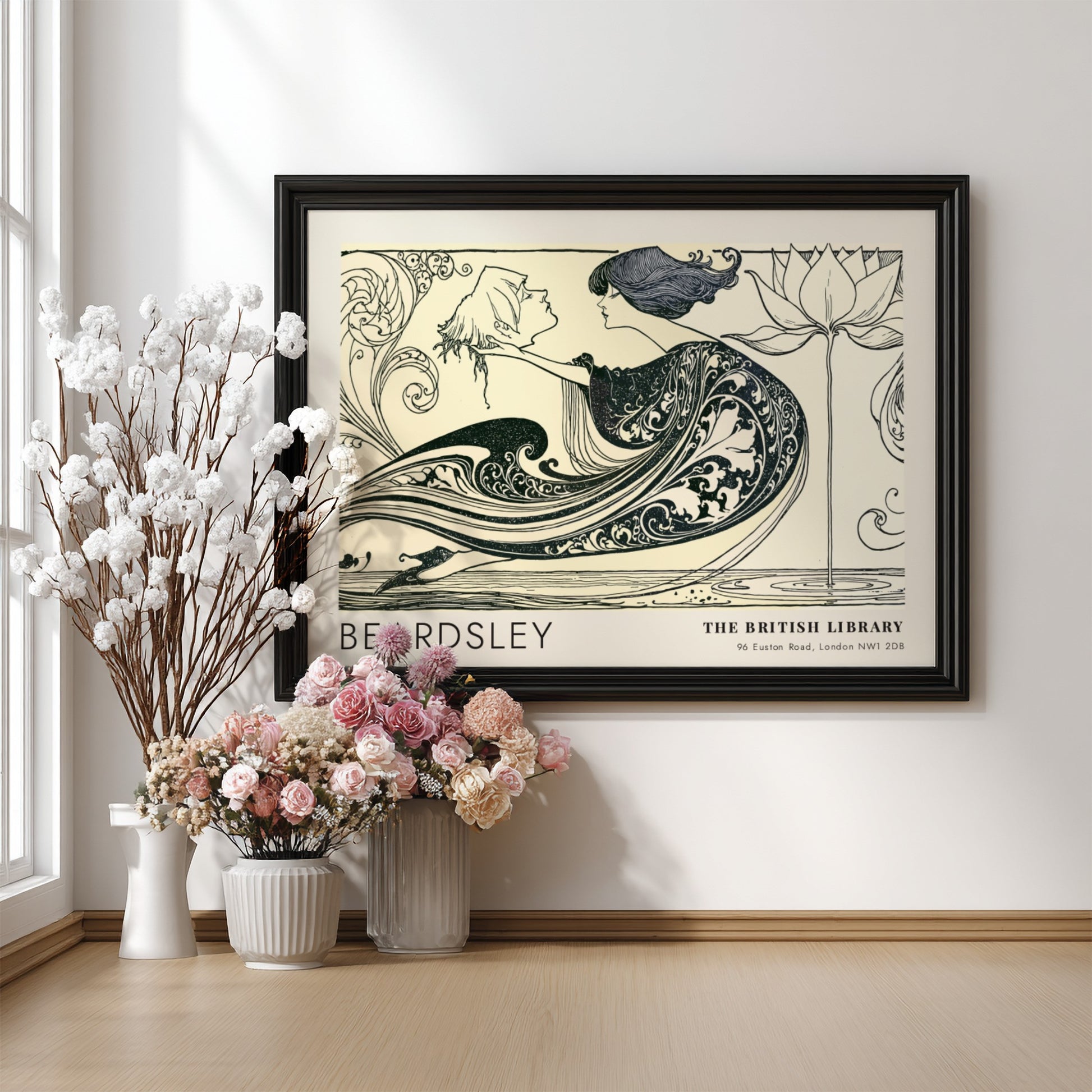 Wall art poster featuring Aubrey Beardsley The Black Cape ink drawing with lotus flower.