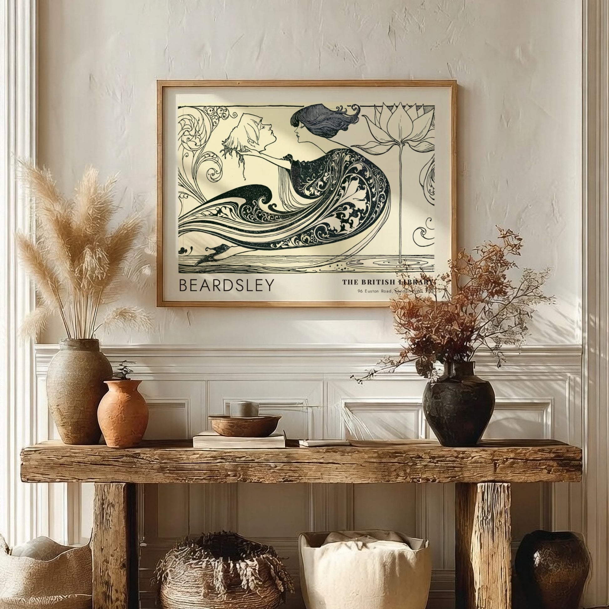 Wall art poster featuring Aubrey Beardsley The Black Cape ink drawing with lotus flower.