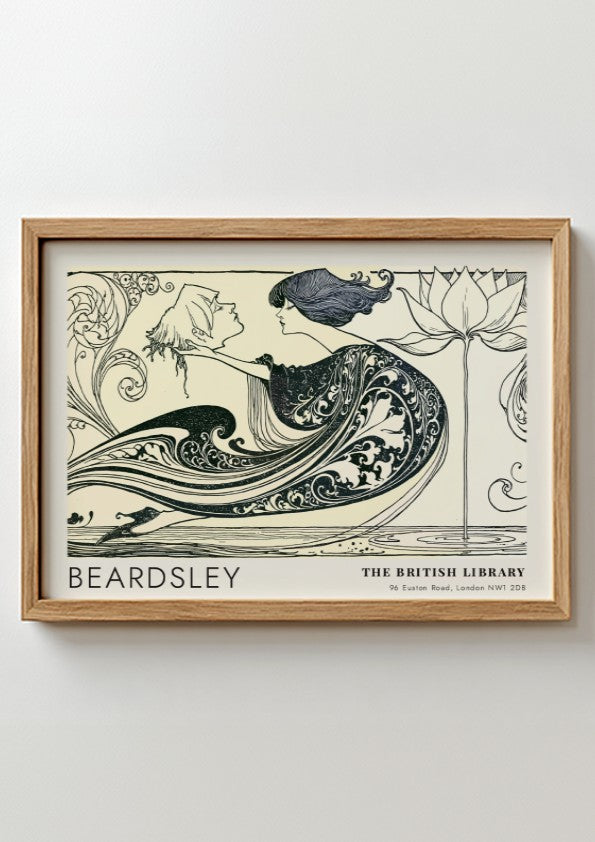 Wall art poster featuring Aubrey Beardsley The Black Cape ink drawing with lotus flower.