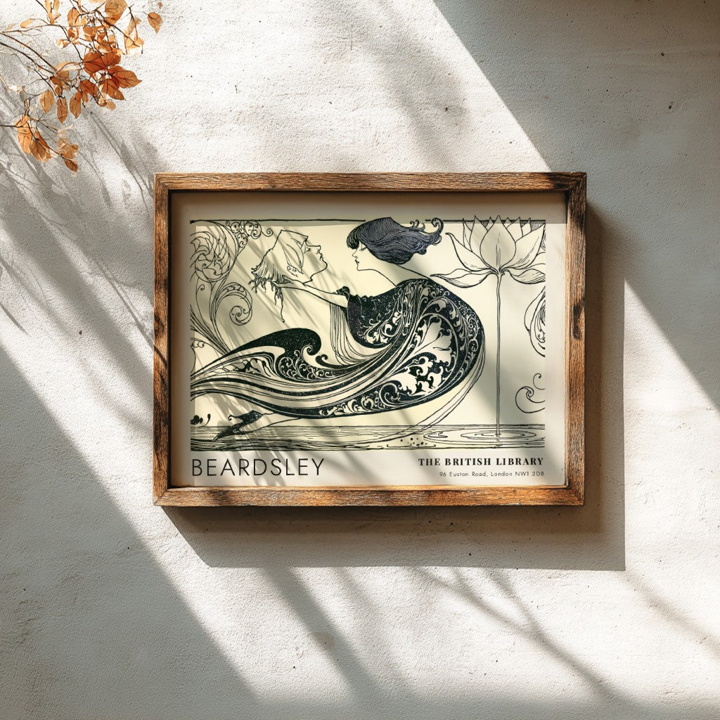 Wall art poster featuring Aubrey Beardsley The Black Cape ink drawing with lotus flower.