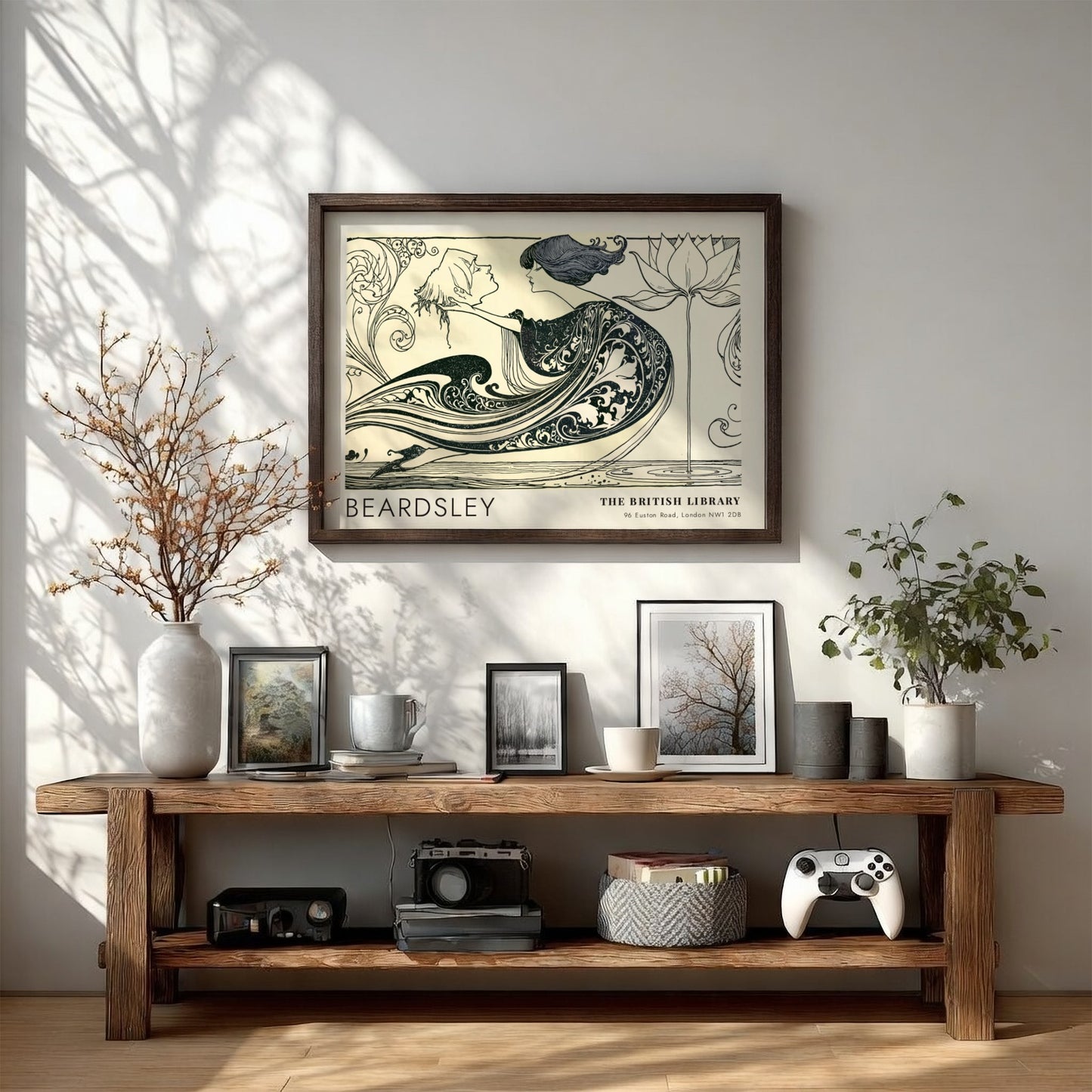Wall art poster featuring Aubrey Beardsley The Black Cape ink drawing with lotus flower.