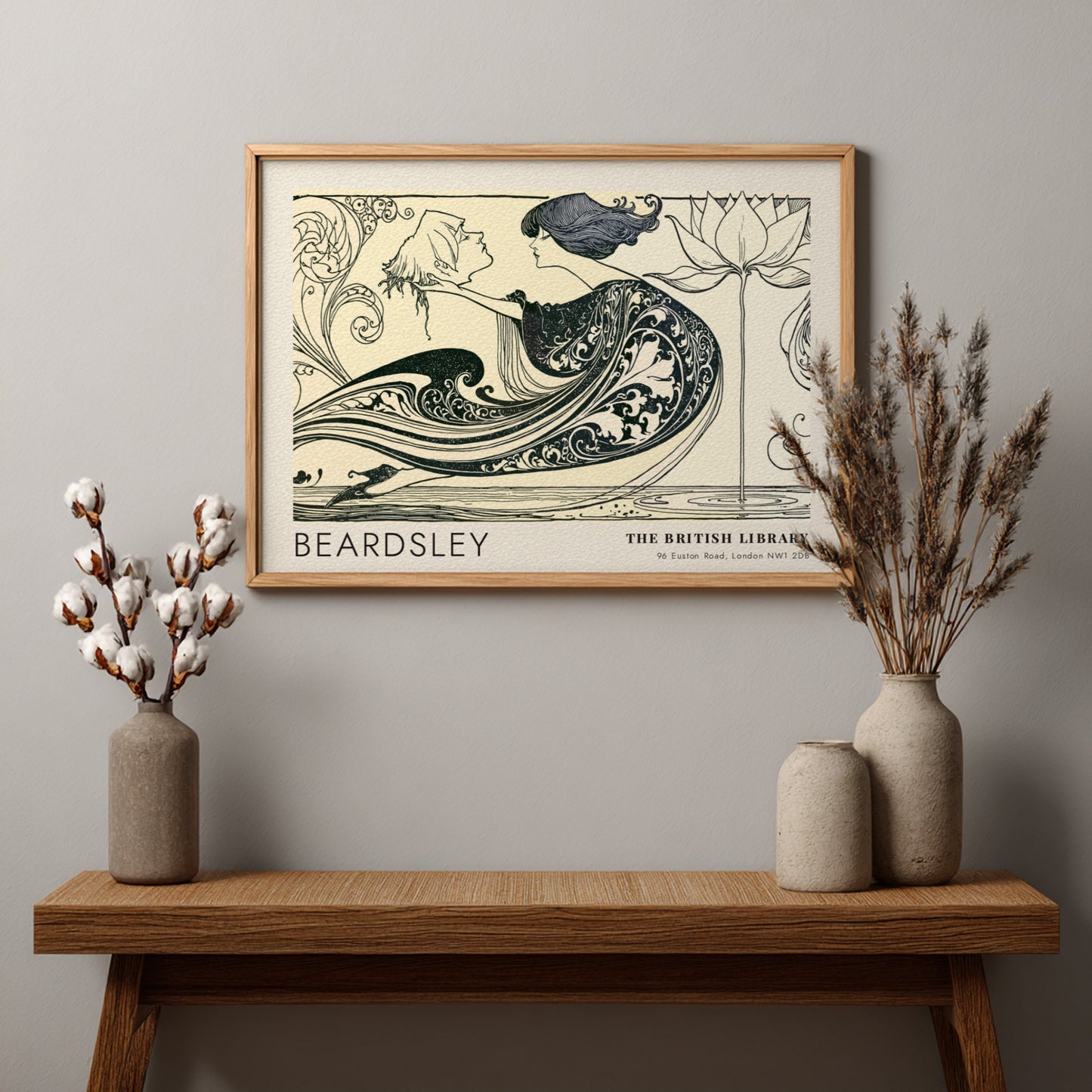 Wall art poster featuring Aubrey Beardsley The Black Cape ink drawing with lotus flower.