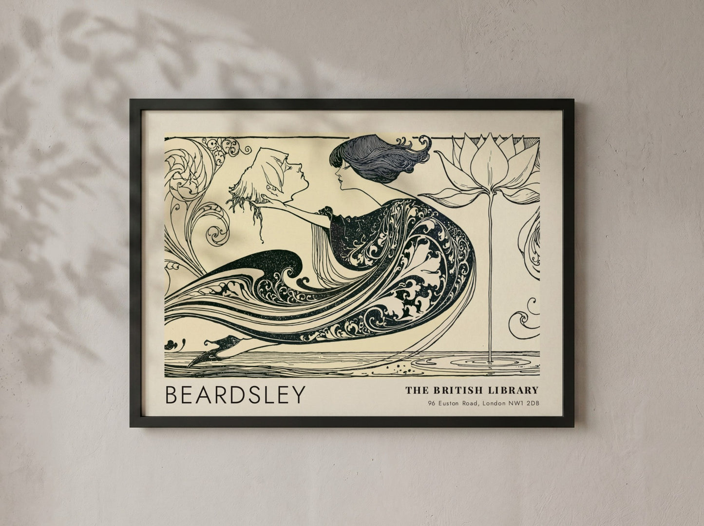 Wall art poster featuring Aubrey Beardsley The Black Cape ink drawing with lotus flower.