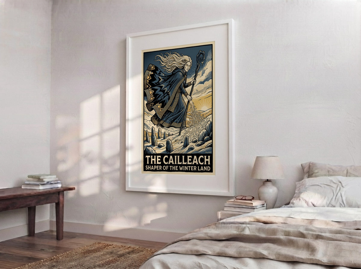 Poster of The Cailleach goddess with flowing hair holding a staff in winter