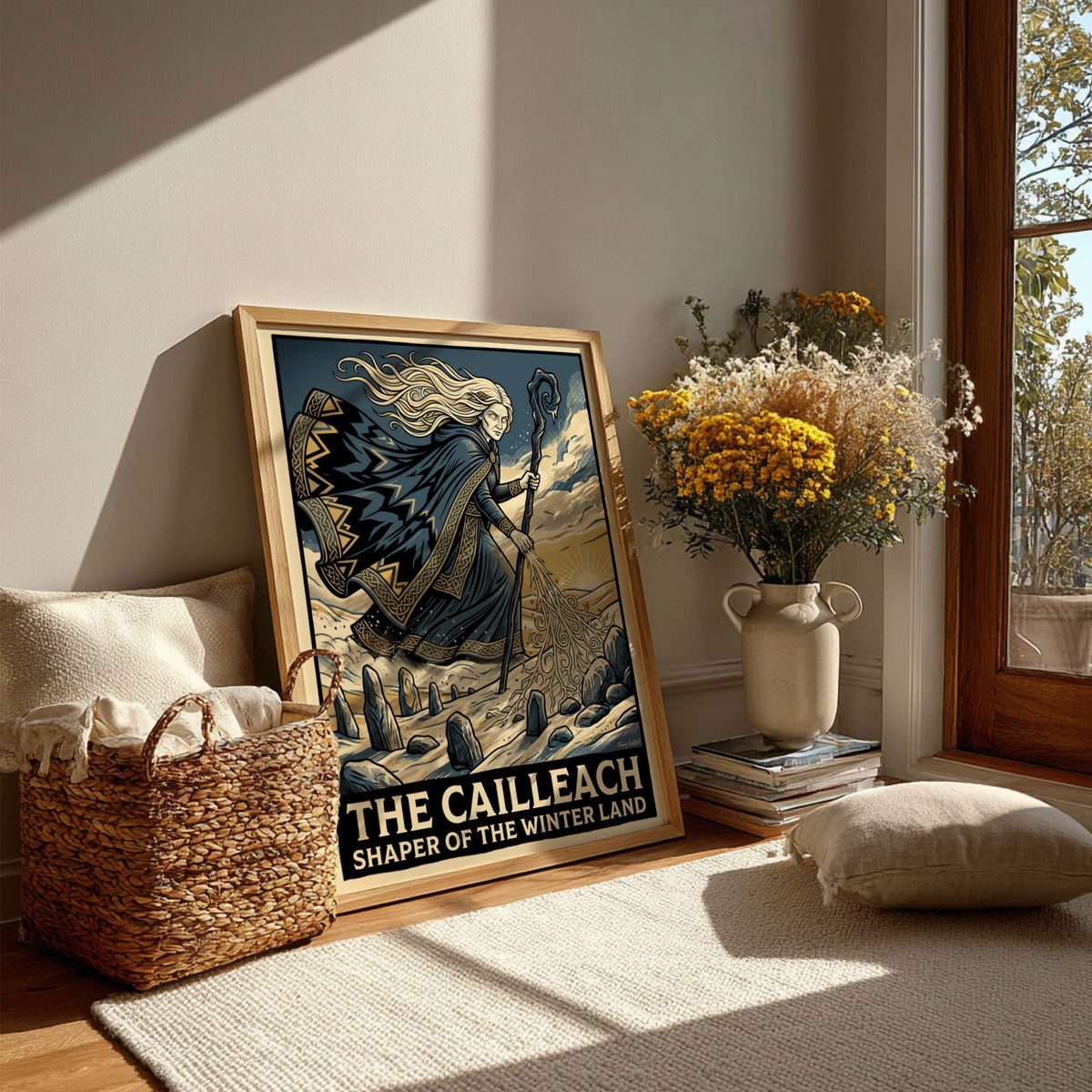 Poster of The Cailleach goddess with flowing hair holding a staff in winter