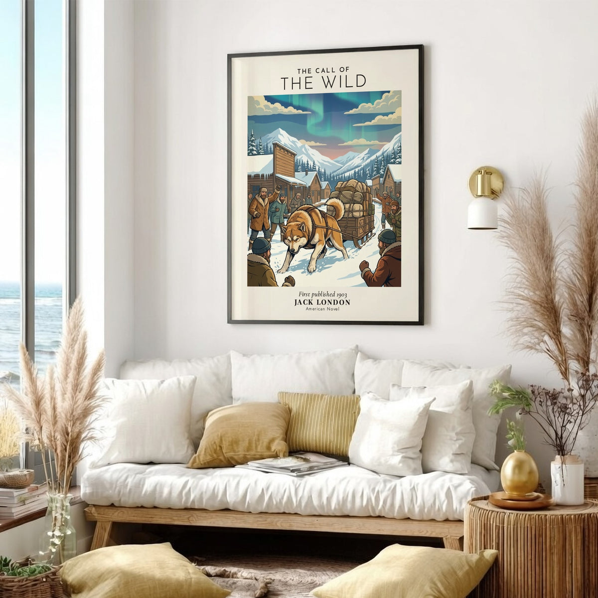 Poster featuring The Call of the Wild title with a sled dog in snowy mountains.