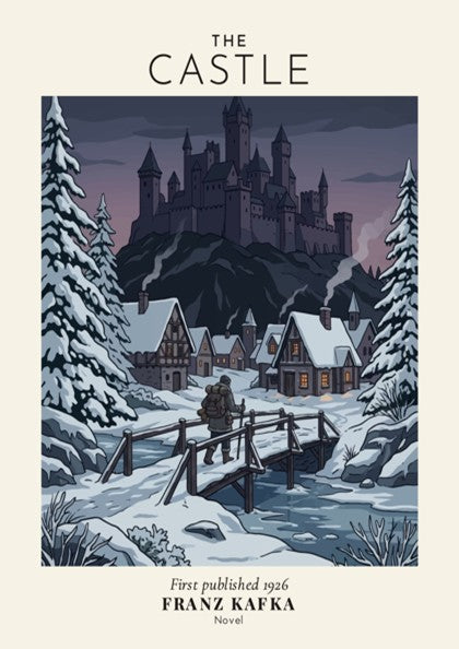 Poster of Franz Kafka The Castle showing a lone traveler walking toward a snowy fortress.