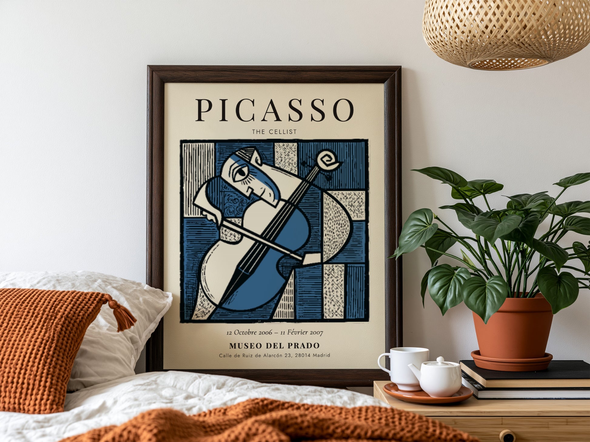 Picasso inspired poster featuring The Cellist in blue tones and abstract style