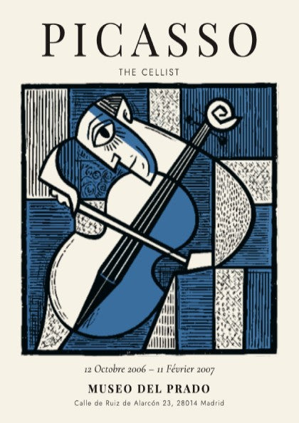 Picasso inspired poster featuring The Cellist in blue tones and abstract style