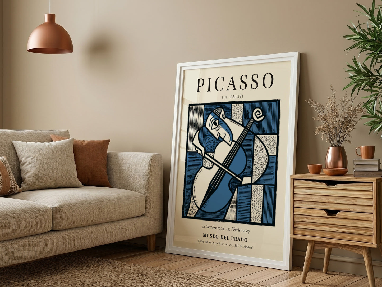 Picasso inspired poster featuring The Cellist in blue tones and abstract style