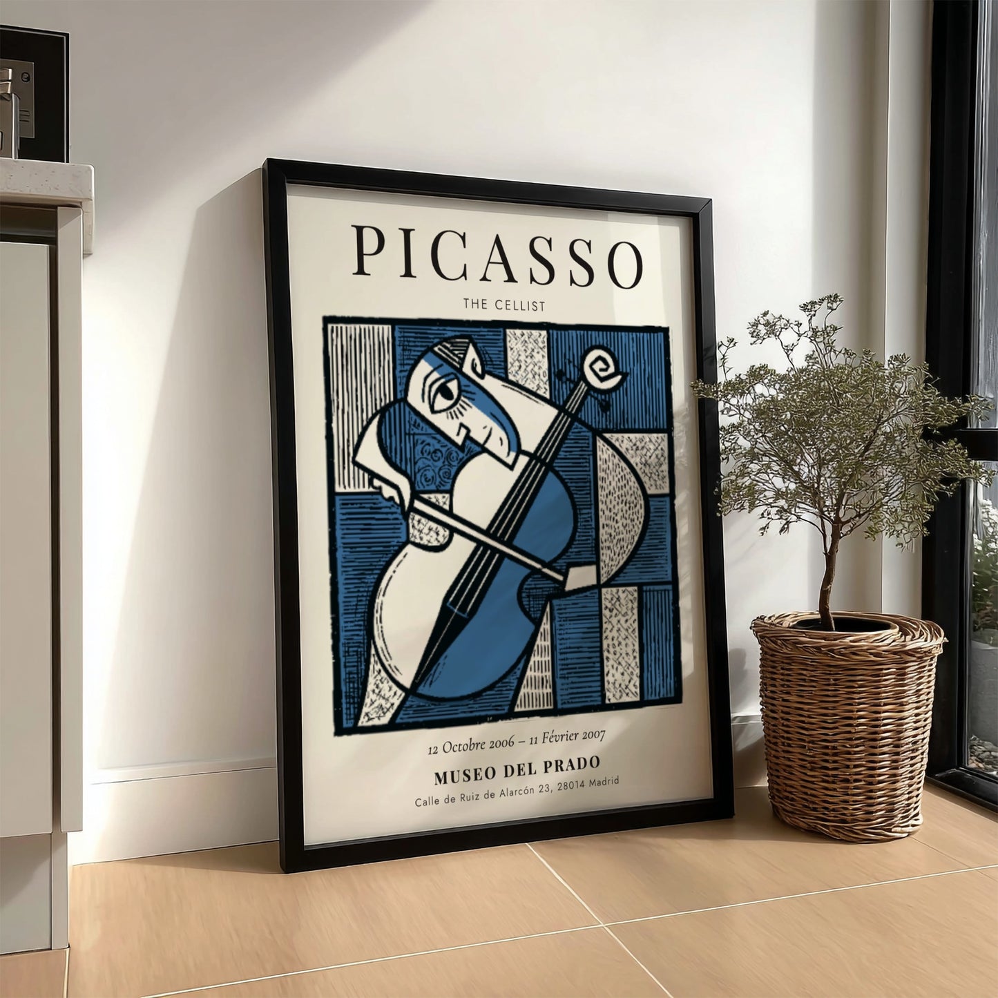 Picasso inspired poster featuring The Cellist in blue tones and abstract style