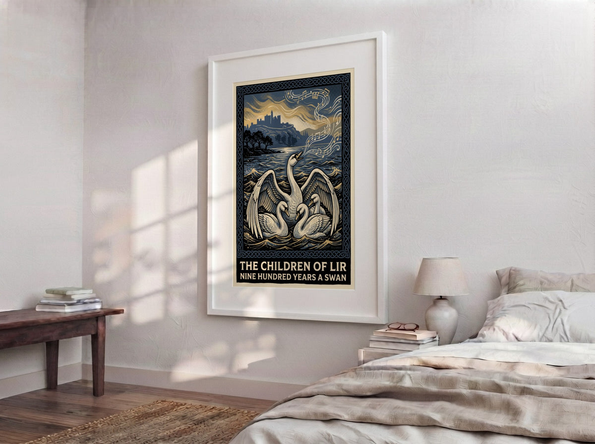 Poster of the Children of Lir myth featuring three swans and musical notes.