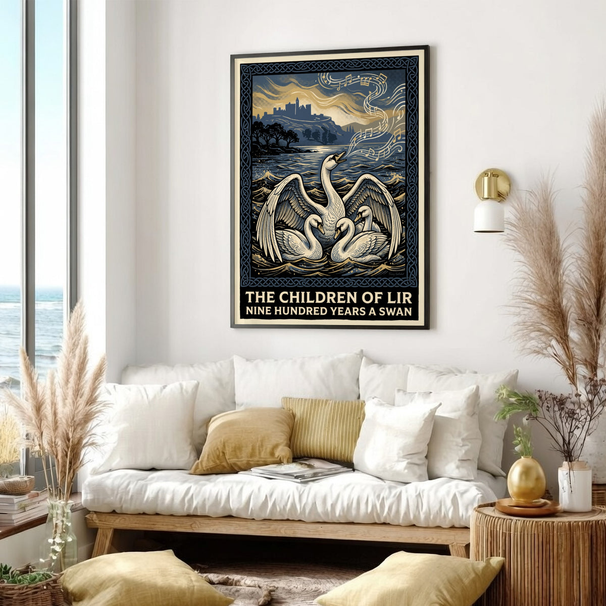 Poster of the Children of Lir myth featuring three swans and musical notes.