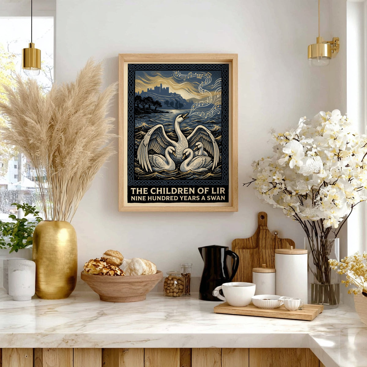 Poster of the Children of Lir myth featuring three swans and musical notes.