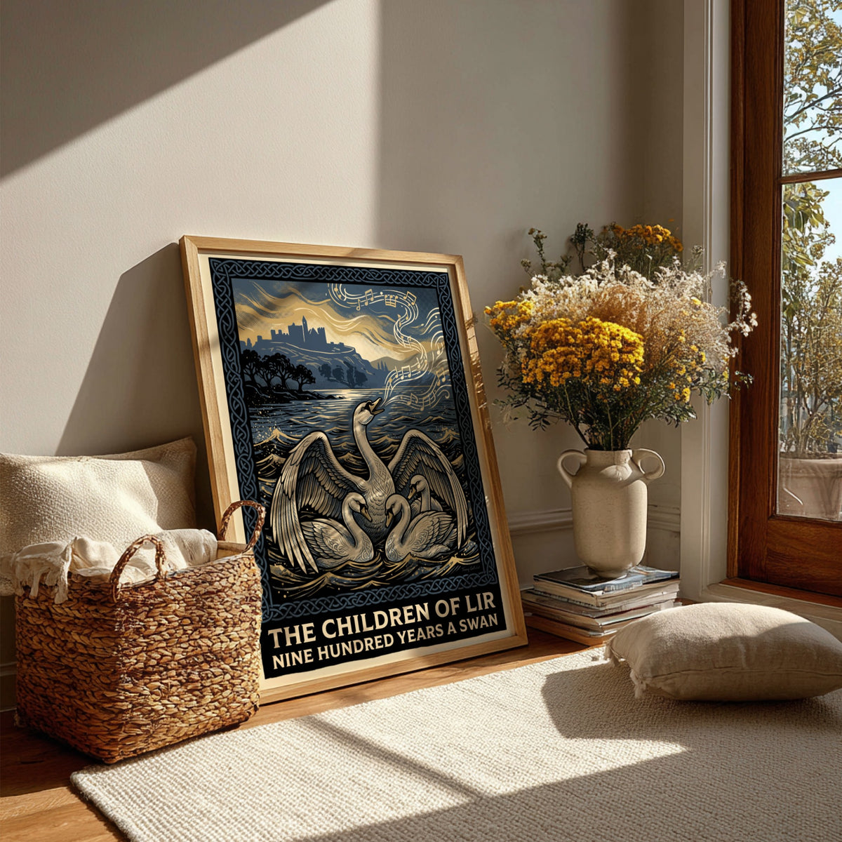 Poster of the Children of Lir myth featuring three swans and musical notes.