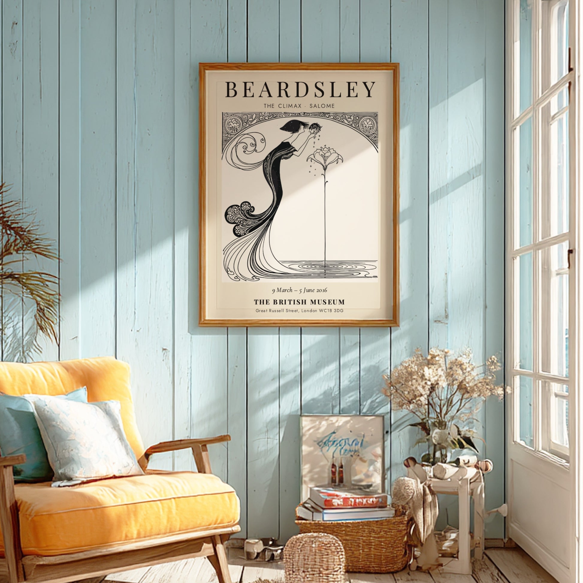 Aubrey Beardsley poster featuring The Climax Salome with intricate line work and floral elements in a