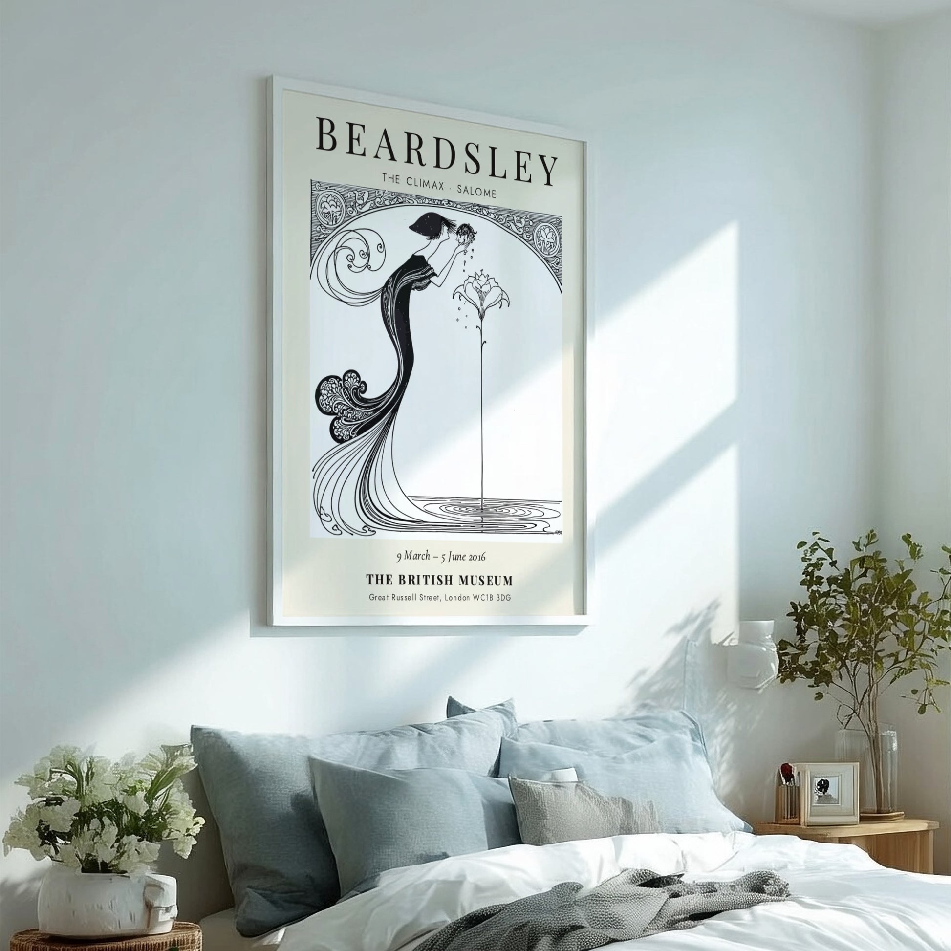 Aubrey Beardsley poster featuring The Climax Salome with intricate line work and floral elements in a