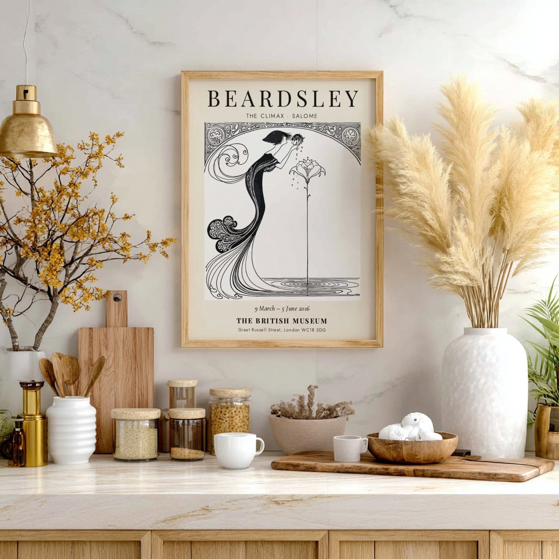 Aubrey Beardsley poster featuring The Climax Salome with intricate line work and floral elements in a