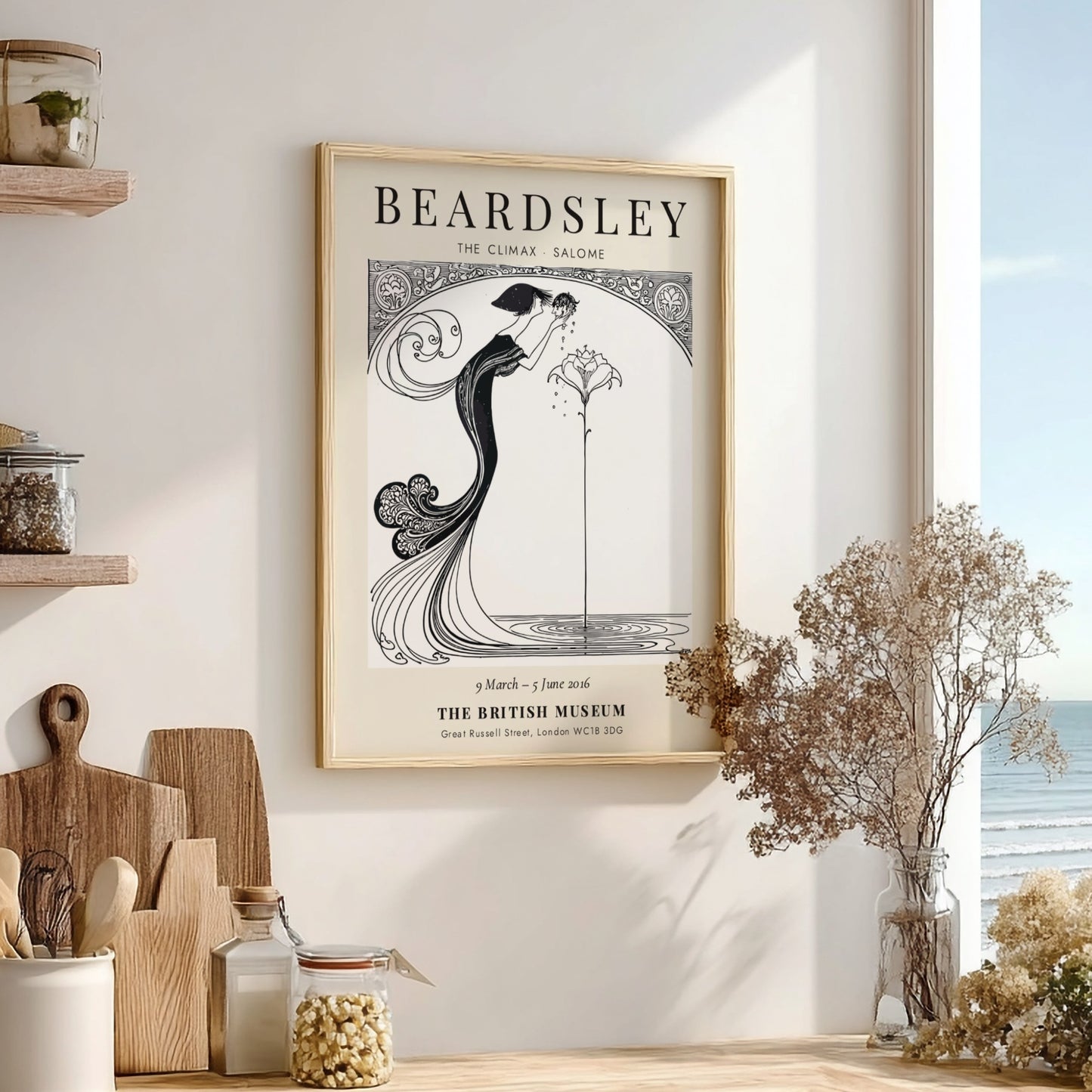 Aubrey Beardsley poster featuring The Climax Salome with intricate line work and floral elements in a
