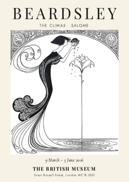 Aubrey Beardsley poster featuring The Climax Salome with intricate line work and floral elements in a