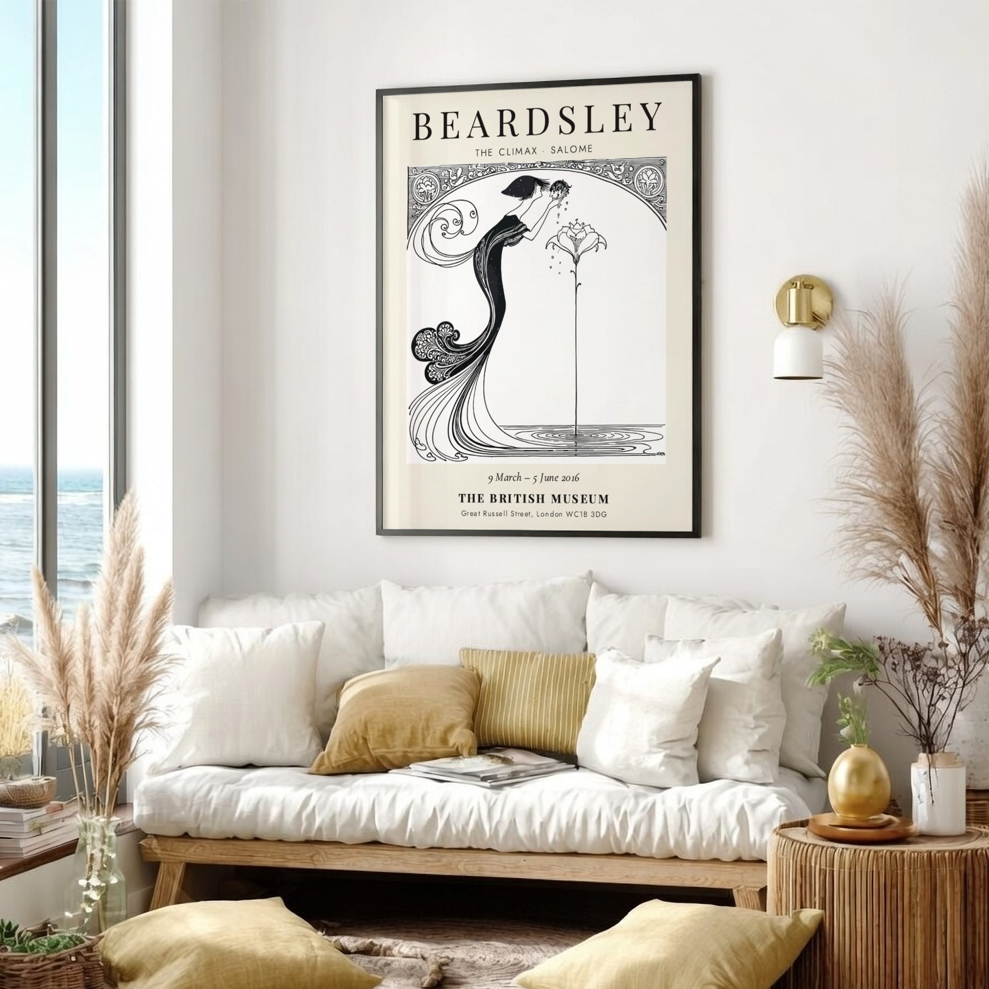 Aubrey Beardsley poster featuring The Climax Salome with intricate line work and floral elements in a