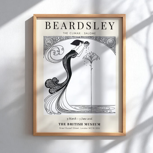 Aubrey Beardsley poster featuring The Climax Salome with intricate line work and floral elements in a