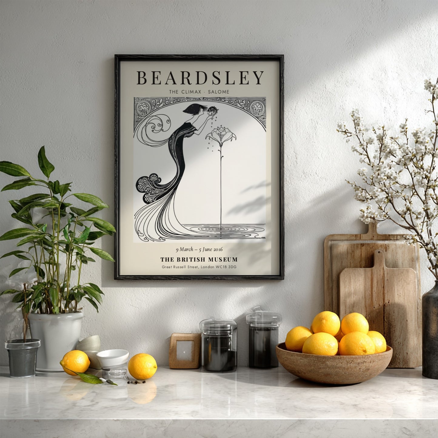 Aubrey Beardsley poster featuring The Climax Salome with intricate line work and floral elements in a