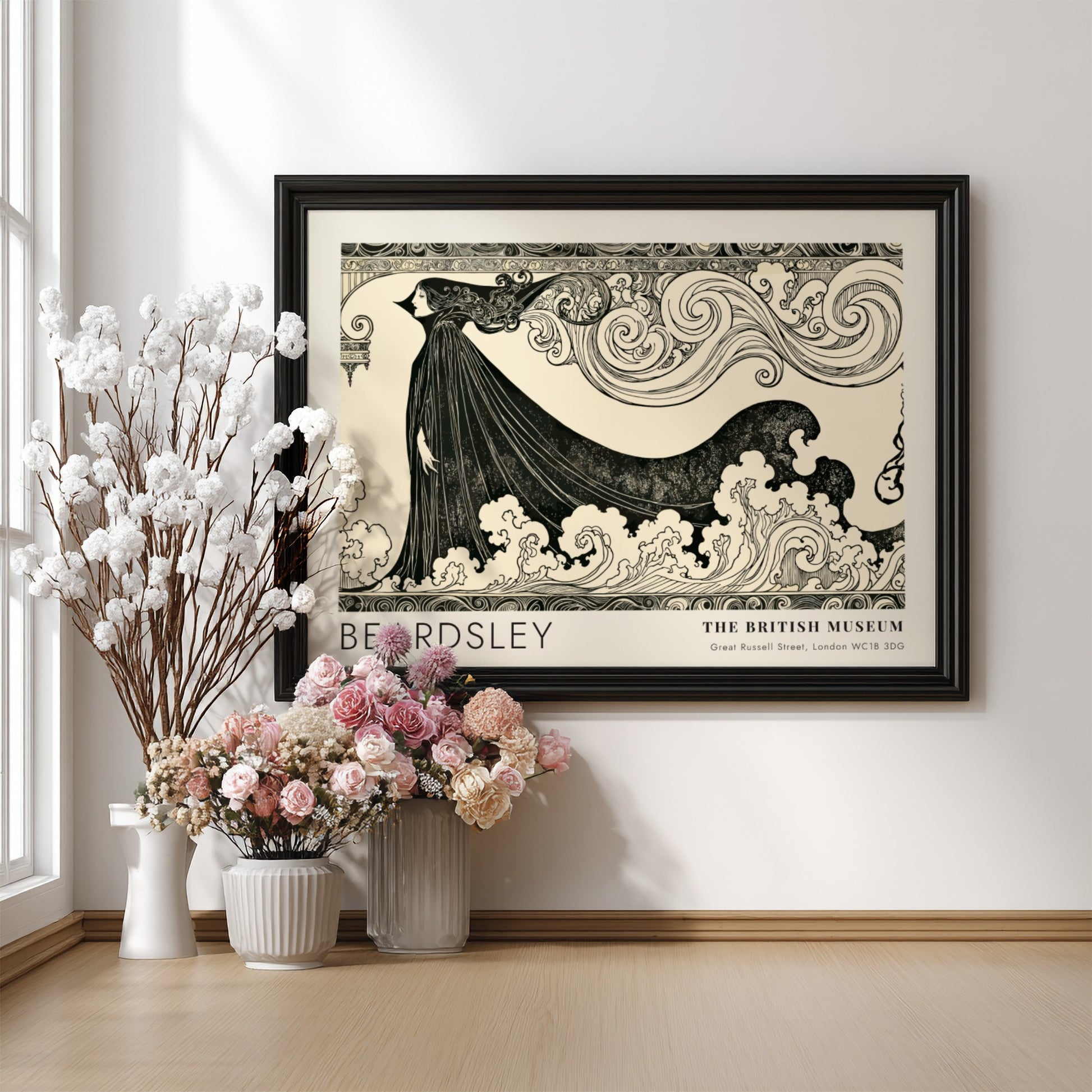 Wall art poster featuring Aubrey Beardsley's The Climax with bold black ink lines.
