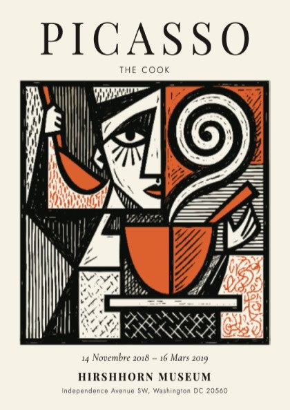 Picasso inspired poster featuring The Cook in bold colors and abstract style