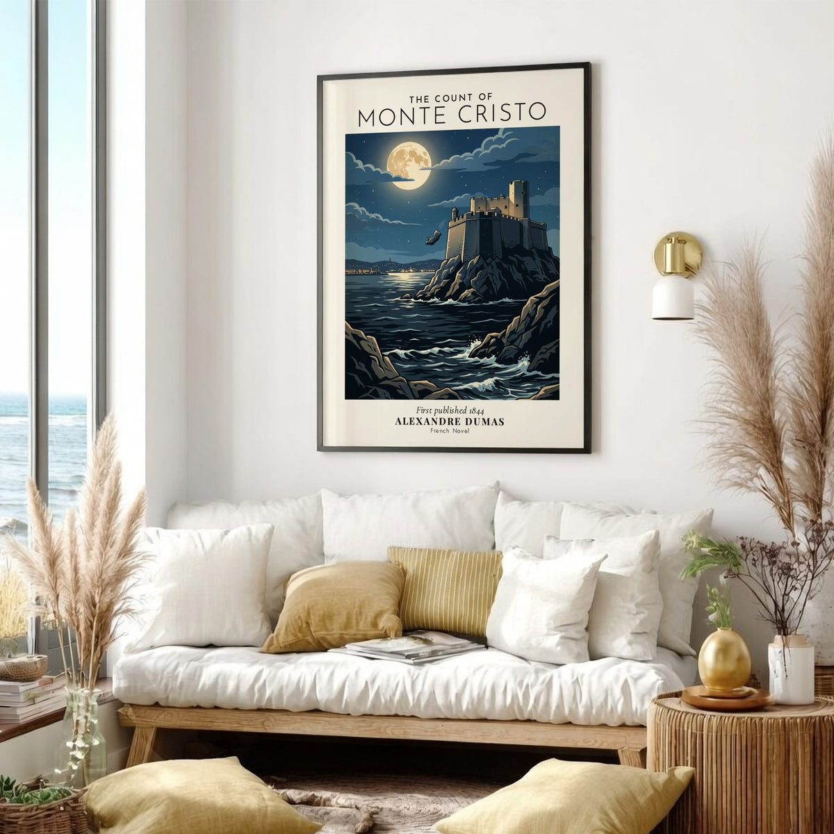 Poster featuring the dark fortress of the Count of Monte Cristo under a moonlit sky.