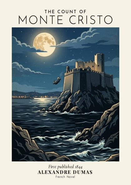 Poster featuring the dark fortress of the Count of Monte Cristo under a moonlit sky.