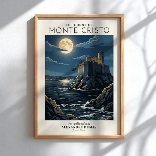Poster featuring the dark fortress of the Count of Monte Cristo under a moonlit sky.