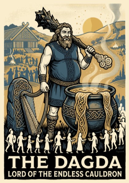 Poster of The Dagda from Irish mythology with a club, harp, and cauldron.