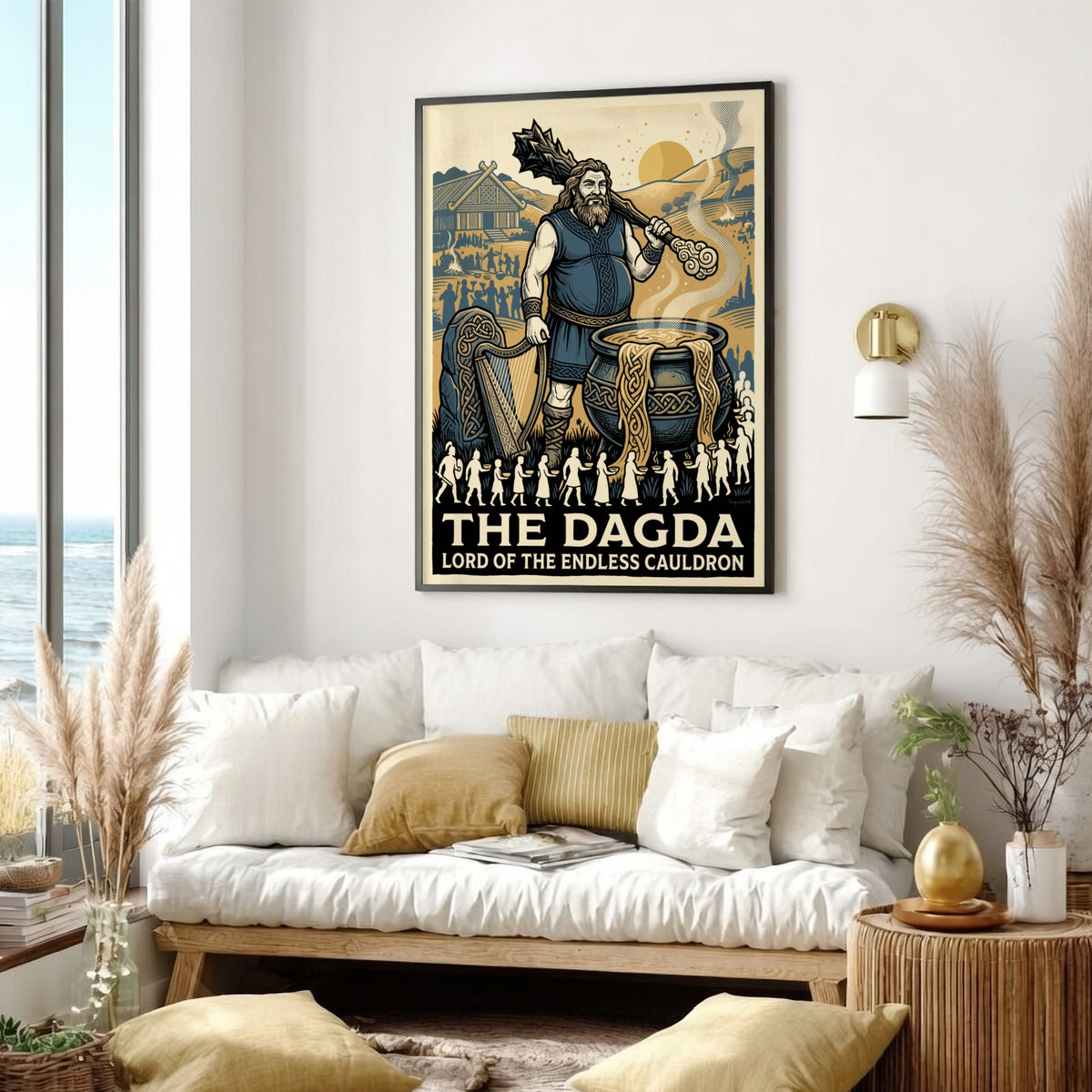 Poster of The Dagda from Irish mythology with a club, harp, and cauldron.
