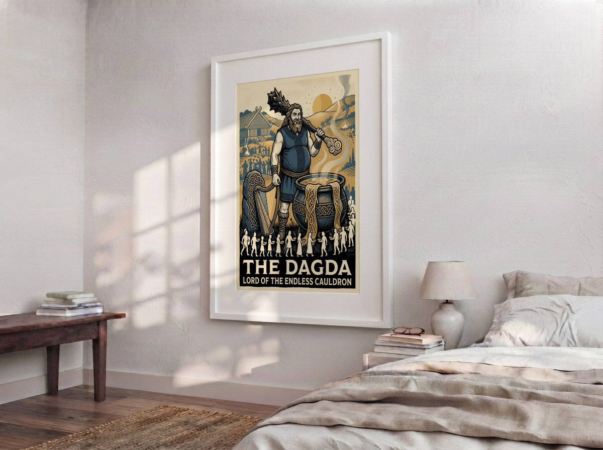 Poster of The Dagda from Irish mythology with a club, harp, and cauldron.