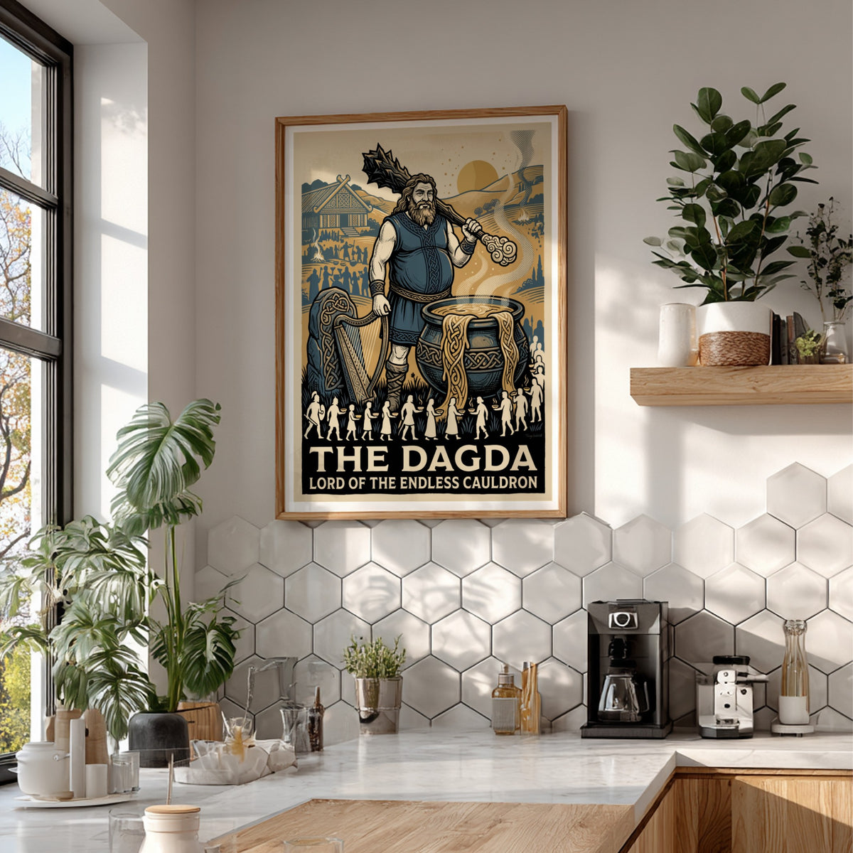 Poster of The Dagda from Irish mythology with a club, harp, and cauldron.