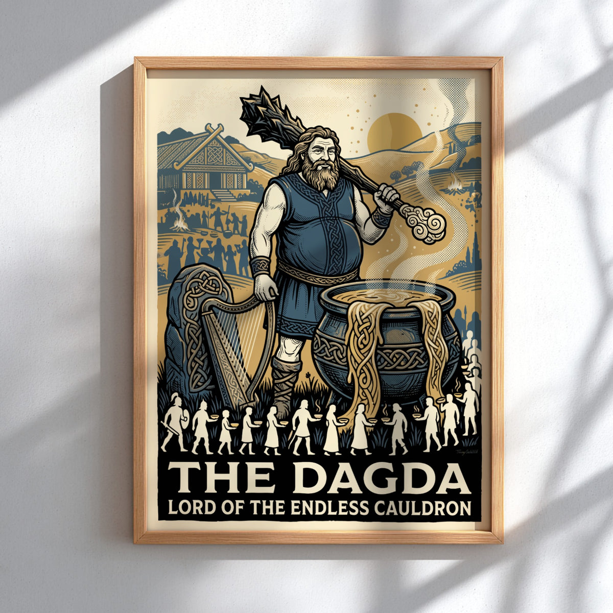 Poster of The Dagda from Irish mythology with a club, harp, and cauldron.