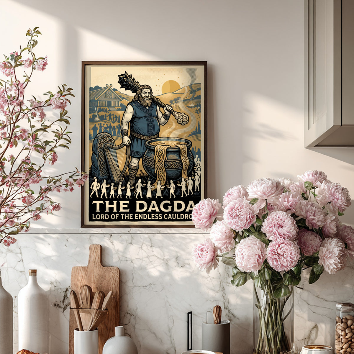 Poster of The Dagda from Irish mythology with a club, harp, and cauldron.