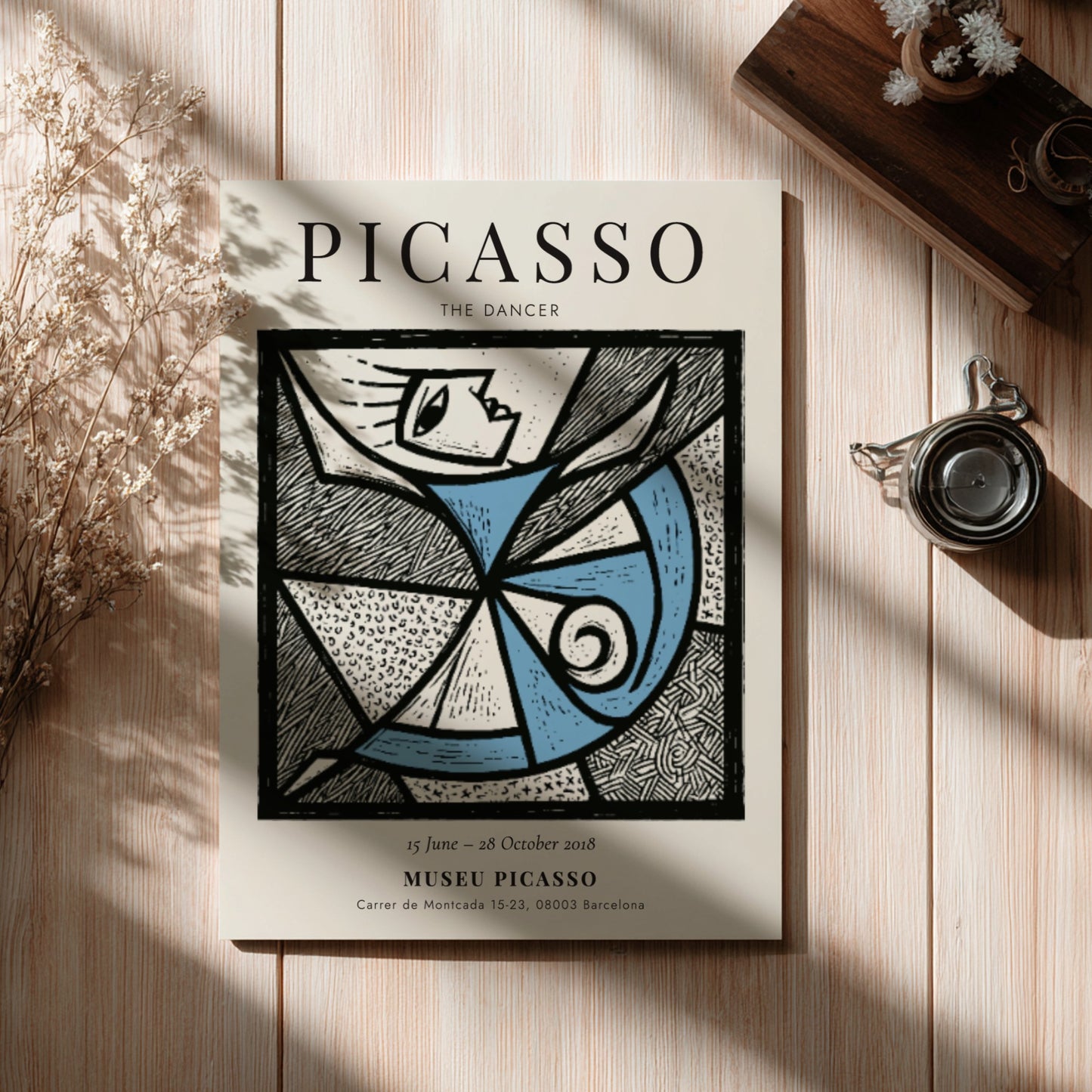 The Dancer poster featuring abstract design in blue and white, inspired by Picasso, perfect for wall decor.