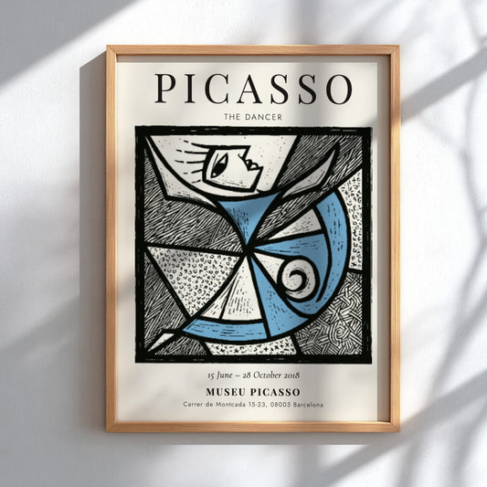 The Dancer poster featuring abstract design in blue and white, inspired by Picasso, perfect for wall decor.