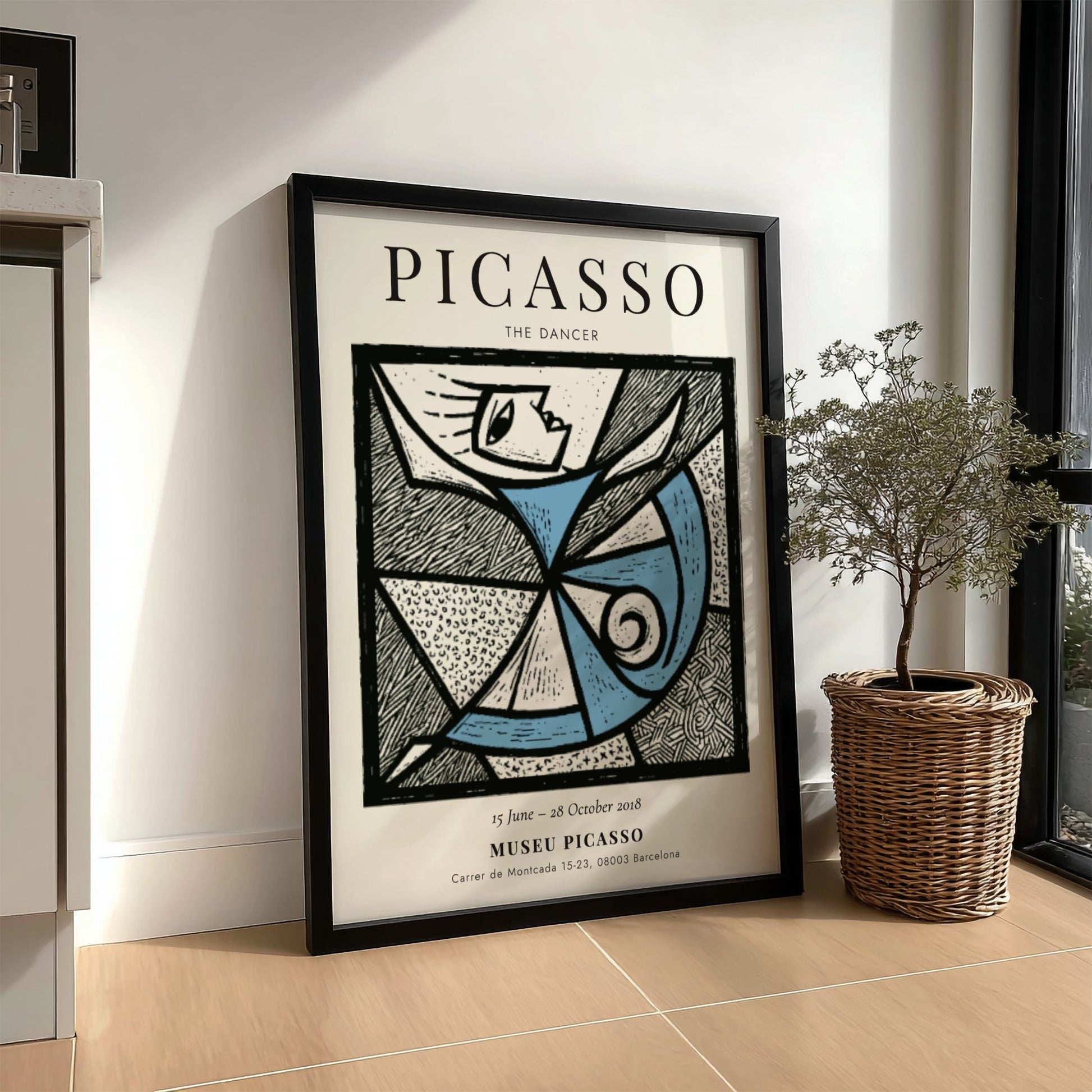 The Dancer poster featuring abstract design in blue and white, inspired by Picasso, perfect for wall decor.