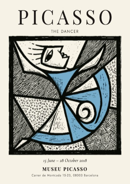 The Dancer poster featuring abstract design in blue and white, inspired by Picasso, perfect for wall decor.