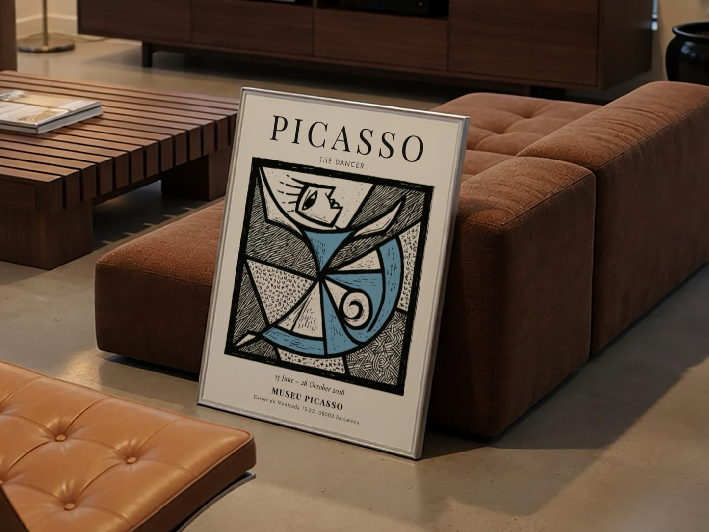 The Dancer poster featuring abstract design in blue and white, inspired by Picasso, perfect for wall decor.