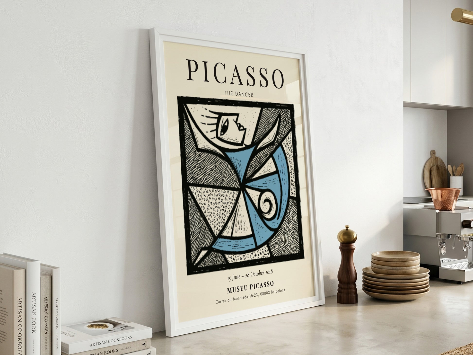 The Dancer poster featuring abstract design in blue and white, inspired by Picasso, perfect for wall decor.