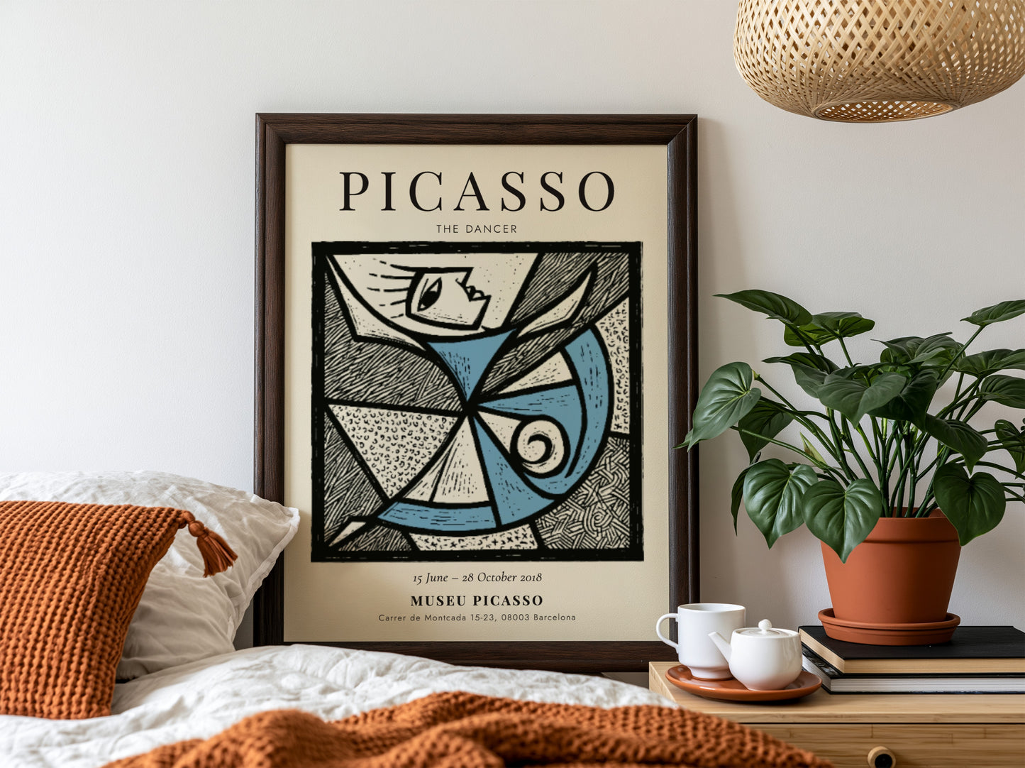 The Dancer poster featuring abstract design in blue and white, inspired by Picasso, perfect for wall decor.